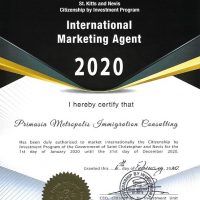 St. Kitts and Nevis Citizenship by Investment International Marketing Agent Certificate for 2020