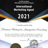 St. Kitts and Nevis Citizenship by Investment International Marketing Agent Certificate for 2021